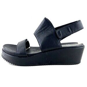 Eileen Fisher Black Leather Ankle Strap Rich Wedge Sandals Women’s Size 7